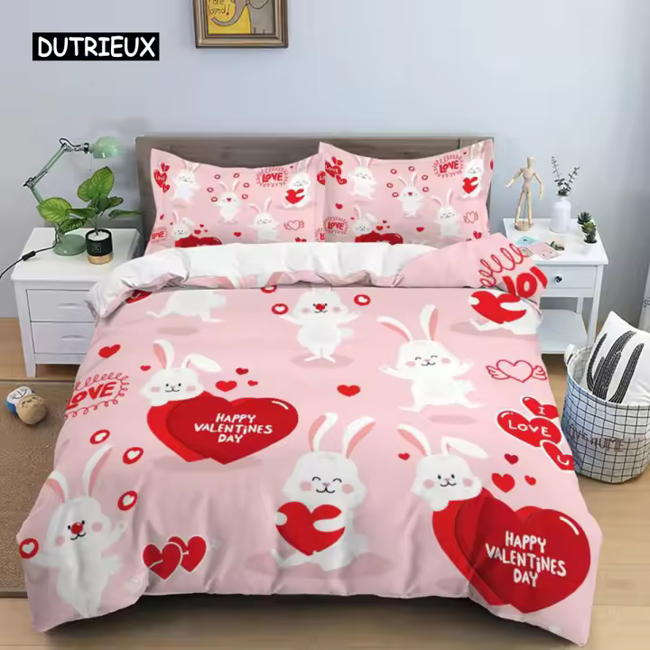Juego de Ropa de Cama de Corazón Amor Cubierta de Edredón a Cuadros Sencillos Funda de Almohada - 1