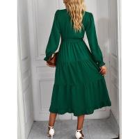 Vestido elegante de color sólido con cuello en V para mujer de manga larga - details 6