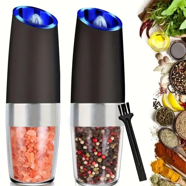 Juego de molinillo de sal y pimienta eléctrico por gravedad de 1 unidad, molinillo de pimienta con luz LED alimentado por batería, funcionamiento automático con una sola mano, molinillo de pimienta de aspereza ajustable, agitadores de especias, utensilios - 1