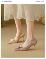 Zapatos de Novia de Otoño Tacones Altos de Champán para Mujer Suela Cuadrada de Cristal - details 13