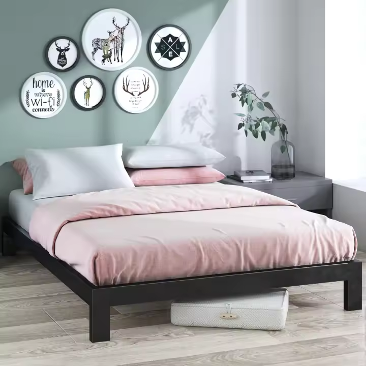 Arnav Cama 135x190 cm - Altura 26 cm - Somier de plataforma de metal con soporte de listones de madera - Negro - 1