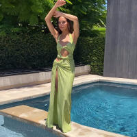 BUNO-Vestido largo liso con cuello Halter para Mujer, prenda elegante sin mangas con abertura lateral, ropa de calle para vacaciones - details 3