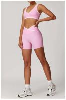 Scrunch - Conjunto de yoga corto para mujer, sujetador relleno en contraste rosa, pantalones cortos cruzados, pantalones deportivos de cintura alta, Fiess Gym Tre, ropa deportiva - details 7
