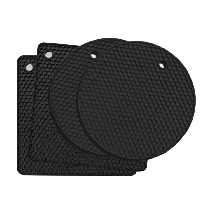 Posavasos de silicona para cocina, soportes para ollas, aptos para lavavajillas, resistentes al calor, redondos, cuadrados, negros, 4 piezas - 1