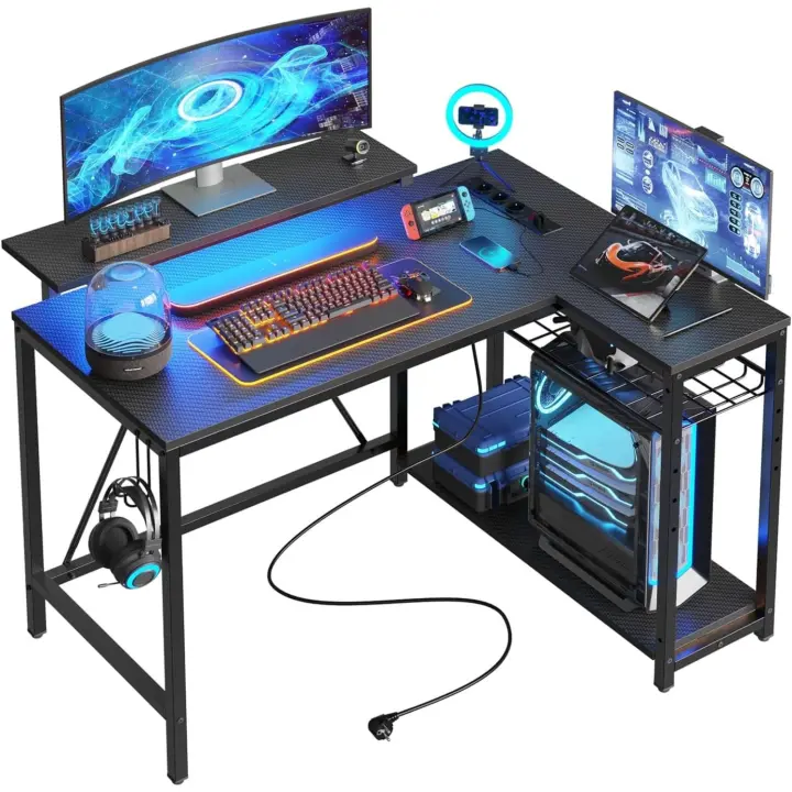 Mesa de Juegos de Estilo Industrial de 147 cm en Forma de L Luz LED, Toma de Corriente, Escritorio de Esquina Reversible para Oficina en Casa con Estante, Mesa de Esports, Estación de Trabajo para PC Más Grande - 1