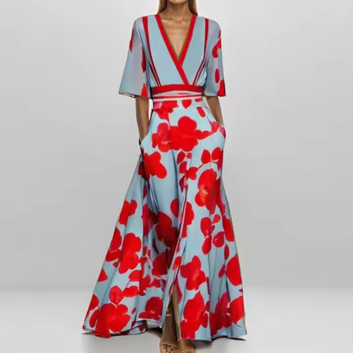Vestido de manga larga con cuello en V y cintura entallada - 1