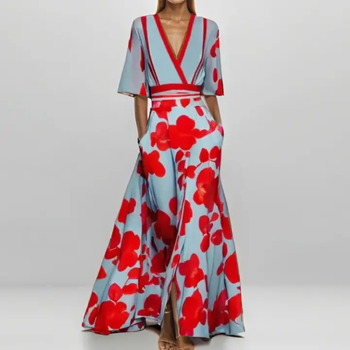 Vestido de manga larga con cuello en V y cintura entallada - 1