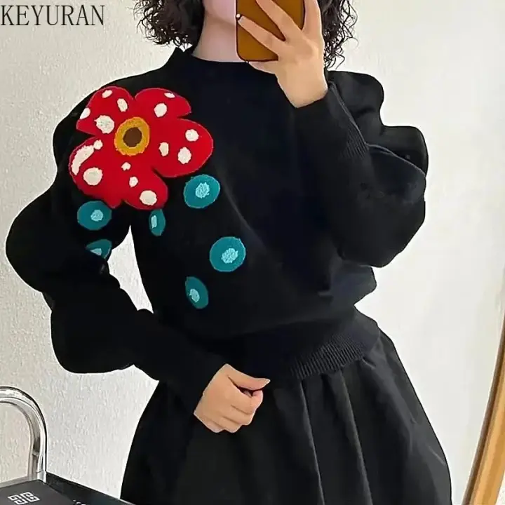 Otoño/Invierno moda coreana mangas con volantes 3D flor tejida ropa Top suéter jersey de mujer - 1