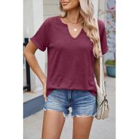 BUNO-2025 Nueva camiseta holgada de manga corta con cuello en V de Color sólido para mujer - details 13