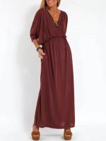 Vestido de verano nuevo de moda de color sólido con cintura alta y cuello en V dividido. - details 2