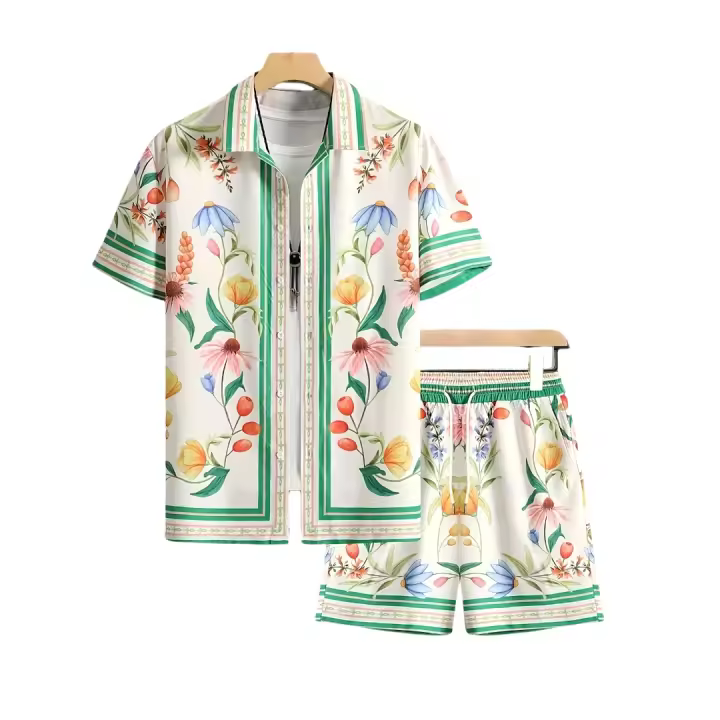Conjunto Casual de Poliéster Ligero Camisa con Estampado Floral y Pantalones de Cierre de Cremallera Estilo de Primavera/Otoño, Ajuste Suelto, Diseño Geométrico - 1