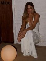 Kliou Halter fruncido mujeres Maxi vestido clásico sólido cuello bajo espalda descubierta elegante Simple bata femenina High Street Vestidos de vacaciones - details 12
