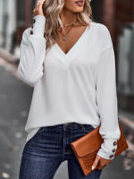 Camiseta holgada de manga larga con cuello en V para mujer, Tops blancos informales, jersey de oficina, otoño e invierno, nuevo - details 2