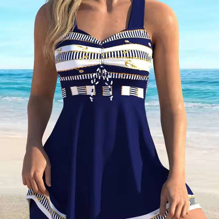 Conjunto de tankini de 2 piezas con estampado de rayas y tiras cruzadas, trajes de baño, ropa de baño y ropa para mujer - 1