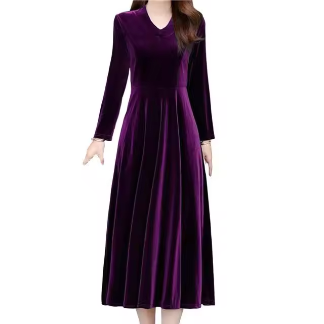 Vestido Maxi de Terciopelo Vintage Cuello Redondo Manga Larga Elegante Estilo OL - 1