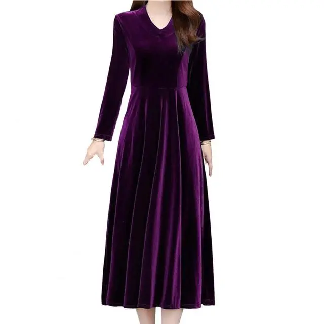 Vestido Maxi de Terciopelo Vintage Cuello Redondo Manga Larga Elegante Estilo OL - 1