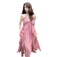 Vestido rosa con tirantes y cuello halter para vacaciones, foto junto al mar, exquisito vestido de playa de hadas, falda para vacaciones en la isla - details 0