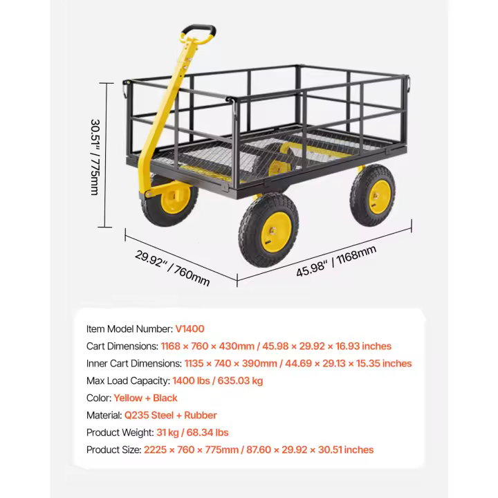SucceBuy Carro de jardín de acero, carro resistente con neumáticos todo terreno, laterales de malla extraíbles y 180 °   Manija giratoria - 1