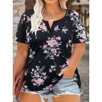 Camiseta de manga corta con estampado floral de leopardo y corte holgado informal para mujer de talla grande |     Top de verano de gran tamaño - details 2