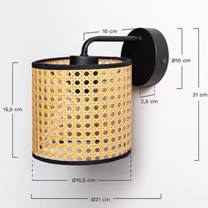 Lámpara de pared de ratán boho, apliques de pared retro japoneses con pantalla de ratán, acabado de metal negro, lámpara de pared rústica para dormitorio, baño, pasillo, entrada - 1