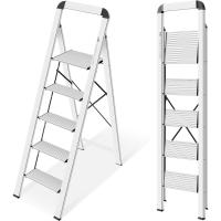 5 peldaños Aluminio, Doméstica Estrecha con Pasamanos, Mecanismo Antiplegado, Uso Hogar Cocina Despensa Oficina, Ahorro Espacio y Portátil, Plata - details 0