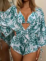 Traje de baño de tres piezas con estampado, traje de baño Sexy con cuello en V profundo, mono con cordón, conjunto de Bikini - details 1