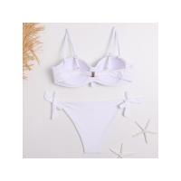 Bañador de banda con volantes negros para mujer, traje de baño femenino de realce, conjunto de Bikini con sujetador y Copa, traje de baño de corte alto azul de Color sólido 2023 - details 3