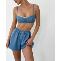 Conjunto de pijama de verano 2025 para mujer: pantalones cortos con camiseta sin mangas a rayas, ropa elegante para estar en casa, moda europea cómoda para pantalones cortos, ropa, - details 3