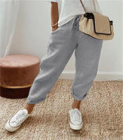 Pantalones elásticos casuales para mujer con bolsillos de lino y algodón - details 2