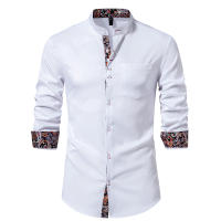 Camisas de vestir con cuello Henry para hombre, camisa de manga larga con contraste informal, esmoquin de negocios para boda y oficina, nueva moda - details 4