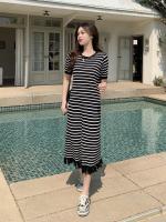 Vestido de punto a rayas de manga corta con borlas francesas para mujer en verano, falda larga fina, de alta gama, elegante y hermosa - details 22