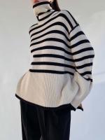 Autumn winter vintage women sweater casual striped turtleneck loose knitted split top pullovers - details 3