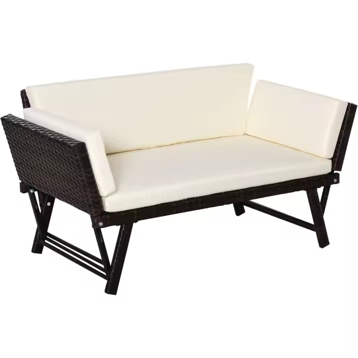 Ratán Convertible de 2 Plazas Cama Individual con Respalones Acolchados y Sofá Doble para Exterior Jardín Patio Terraza 129x63x67 cm Beige - 1