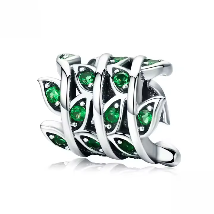 S925 cuentas de pulsera de plata esterlina, cuentas sueltas de plata esterlina de hoja verde - 1