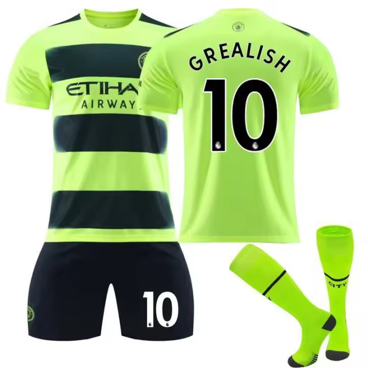 Camiseta Verde Fluorescente Segunda Visita de Manchester City No. 9 Haaland No. 17 De Bruyne No. 47 Foden con Calcetines Conjunto Deportivo y Ropa - 1