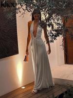 Kliou Halter fruncido mujeres Maxi vestido clásico sólido cuello bajo espalda descubierta elegante Simple bata femenina High Street Vestidos de vacaciones - details 13