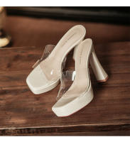 Transparente tacones altos impermeable mesa de una palabra cristal zapatillas frescas tacón grueso hermoso desgaste exterior verano super tacón alto - details 31