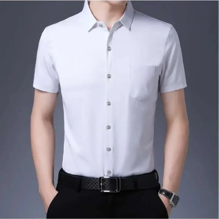 Camisa de manga corta informal de negocios para hombre, color sólido, resistente, sin arrugas, top multifuncional cómodo para todas las estaciones, nuevo - 1