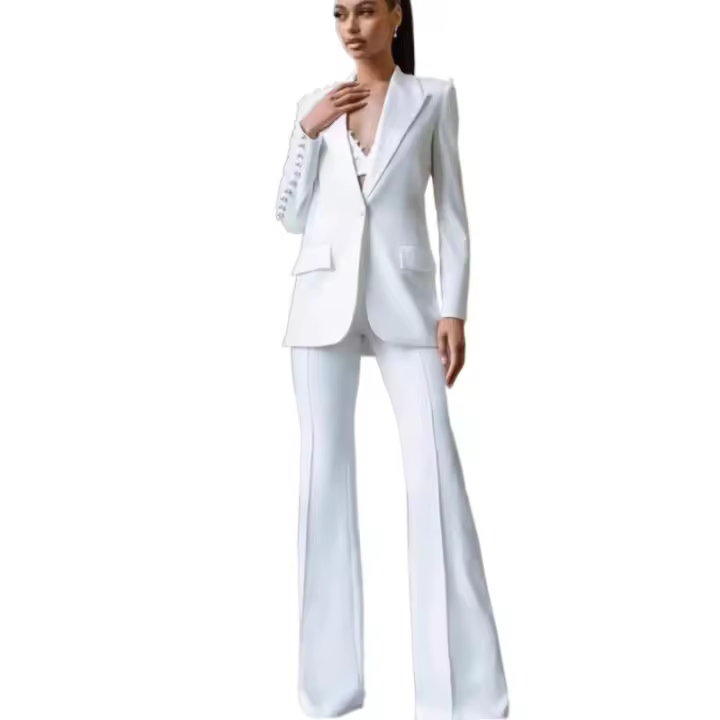 Blazer de mujer de un solo botón con perlas, blazer de oficina delgado, traje de pantalón acampanado, conjunto de talla grande, - 1