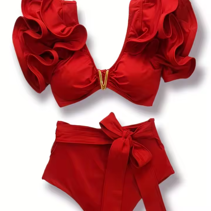 Conjunto de bikini con escote en V y volantes, traje de baño de dos piezas con cintura alta y corte alto en color sólido - 1