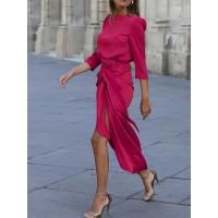 BUNO-Vestido Irregular elegante con cordones para mujer, vestido sencillo de cintura alta con temperamento liso, vestido plisado de media manga con cuello redondo OL，Vestido de noche para mujer, rojo, con mangas tres cuartos, elegante. - details 5