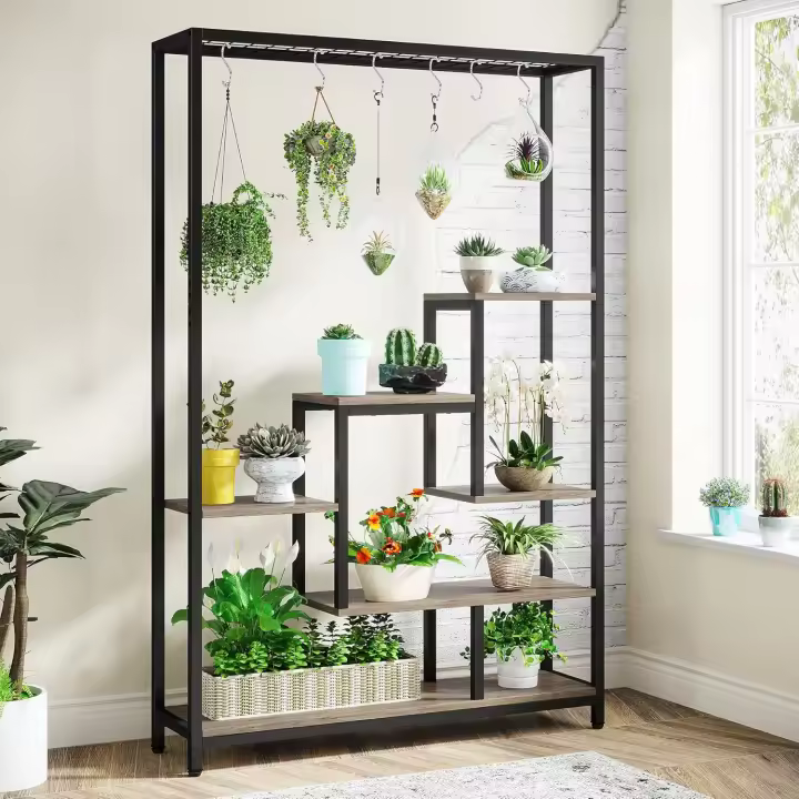 Soporte alto para plantas de interior de 5 niveles, estante de metal de 180 cm con 10 ganchos para colgar en S, estante de exhibición multiusos para bonsái de flores para interiores - 1