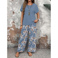 Conjunto de dos piezas de verano, suéter holgado versátil con cuello redondo estampado, atuendo informal para mujer - details 4