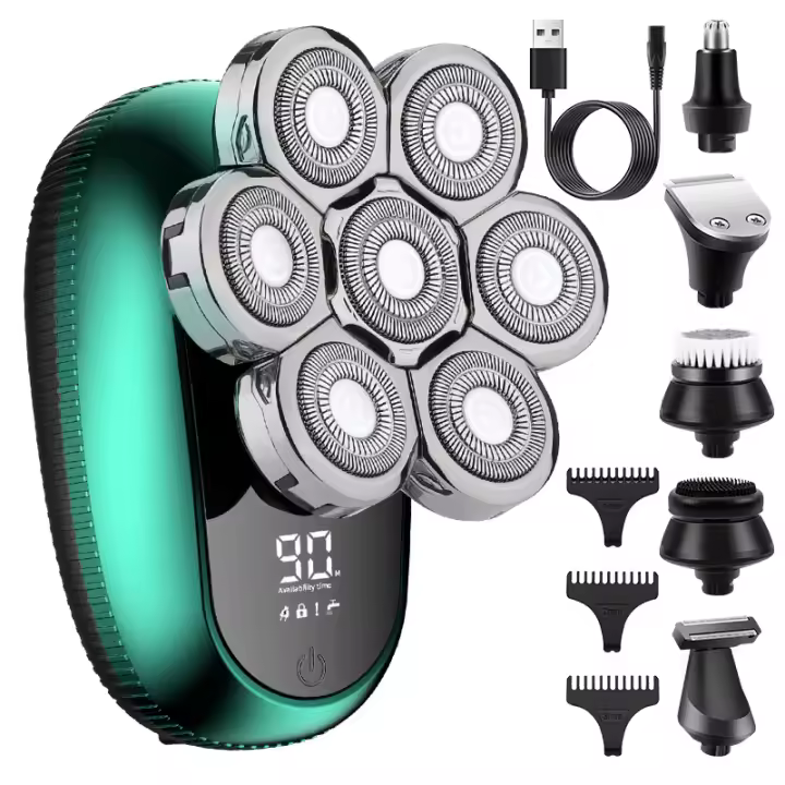 Afeitadoras de cabeza 7D para hombres calvos - Kit de aseo de maquinilla de afeitar eléctrica desmontable con recortador de pelo de nariz, IPX6 impermeable uso en seco y húmedo pantalla LED USB-C afeitadora rotativa recargable 6 en 1 para un afeitado suav - 1