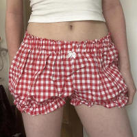 Pantalones cortos básicos cómodos e informales sueltos con botones de cintura elástica tejidos a rayas de verano para mujer - details 54