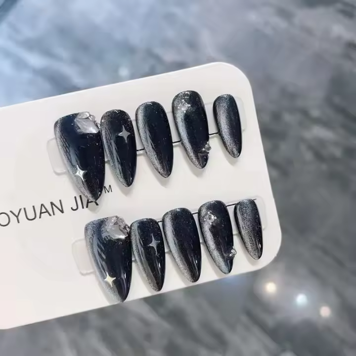 Prensa de estrella oscura hecha a mano, ojo de gato, almendra, uñas postizas acrílicas, juego completo, puntas, juego de uñas con diseño morado - 1