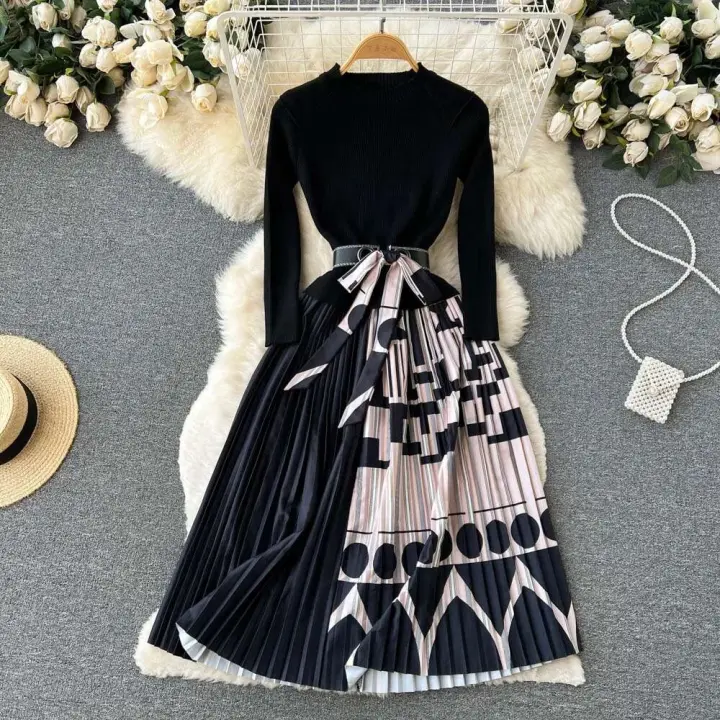 Otoño Invierno temperamento suéter vestidos para mujeres cuello alto ing gradiente de punto plisado Vestido medio Vestido - 1