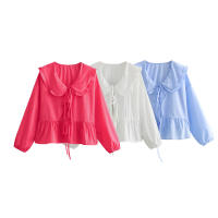 Camisa informal lisa con cordones para mujer, blusa de oficina que combina con todo, cuello redondo, dobladillo con volantes - details 3