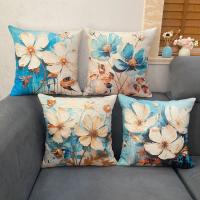 Funda De Lino Mezclado Con Flores Blancas, almohadas Azules Y Doradas De Estilo Crema, 4 piezas - details 0