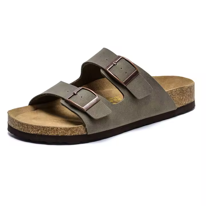 Nueva moda de una palabra de arrastre, par de zapatos de corcho con suela plana y doble hebilla para la playa. - 1